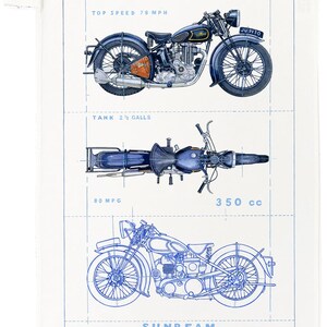May include: A white poster with blue line drawings of a Sunbeam motorcycle. The poster includes top, side, and overhead views of the motorcycle, along with specifications such as 78 MPH top speed and 2.5 gallon tank capacity.