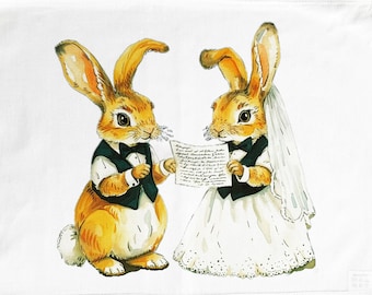 Mr and Mrs Rabbits Wedding Day large cotton tea towel