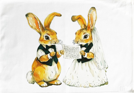 Mr and Mrs Rabbits Wedding Day large cotton tea towel