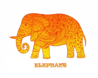 Orange Zentangle Elephant - Large Cotton Tea Towel