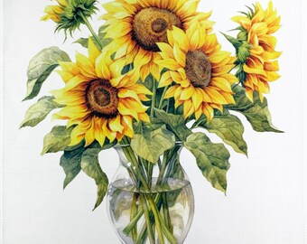 Vase of Yellow Sunflowers large cotton tea towel