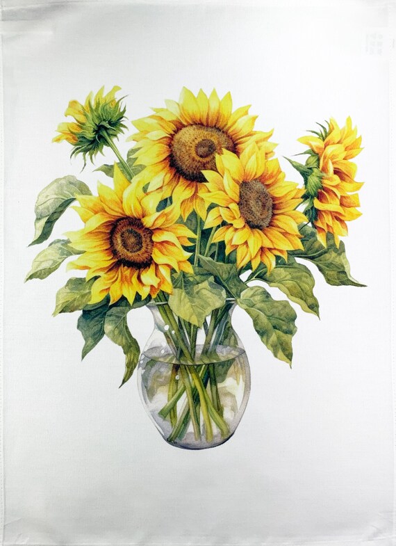 Vase of Yellow Sunflowers large cotton tea towel