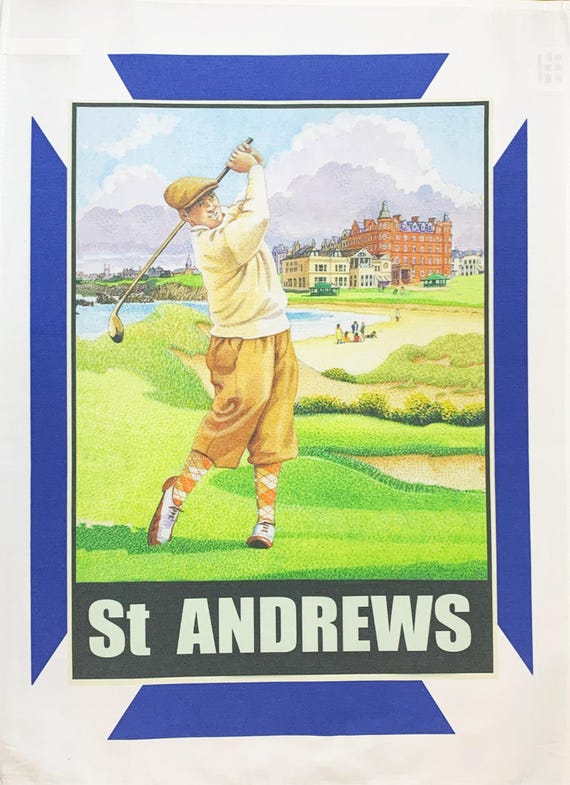 St Andrews Retro Style Large Cotton Tea Towel, White, 47x65cm, Vintage Golf Poster Design, Rectangular