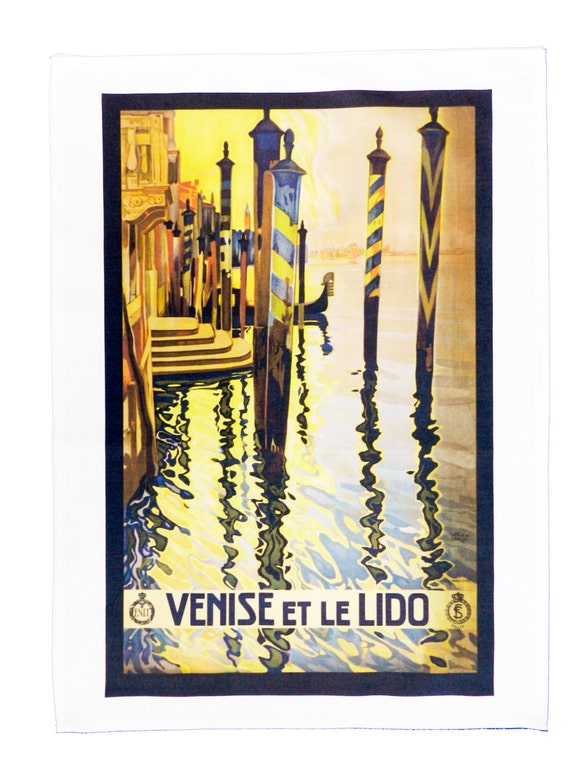 Venise et le Lido (Venice Lido) - Retro Style Travel Poster Large Cotton Tea Towel