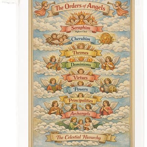 May include: A vintage print illustrating the celestial hierarchy, with angels and banners. The artwork displays different orders of angels, such as Seraphim, Cherubim, and Archangels, with text labels. The colour scheme includes soft blues, yellows, and pinks.
