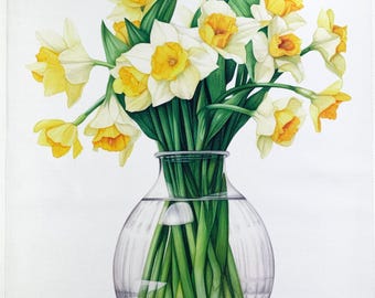 Vase of Spring Daffodils large cotton tea towel