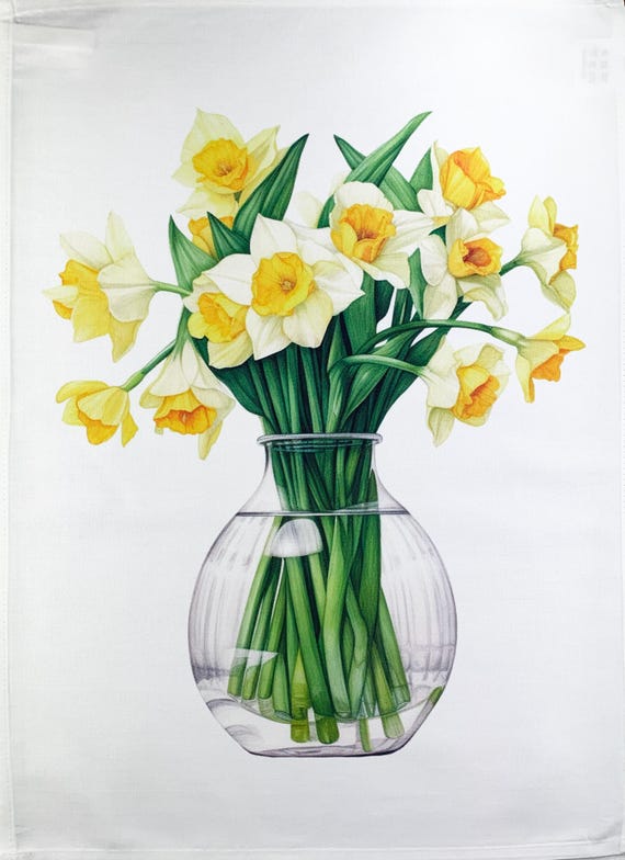 Vase of Spring Daffodils large cotton tea towel