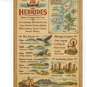 May include: A vintage-style map of the Hebrides Islands of Scotland's West Coast. The map features illustrations of a Viking ship, an eagle, and a seal. Key islands and landmarks are listed, including Skye, Mull, and Iona. The map includes text in a decorative font.
