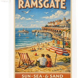 May include: Vintage travel poster for Ramsgate, featuring a seaside town with a beach, pier, and boats. The poster has the text "RAMSGATE" at the top and "SUN SEA & SAND" at the bottom. A couple sits on the beach under an umbrella.
