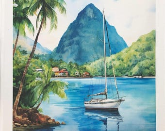 St Lucia and the Pitons -  large cotton tea towel