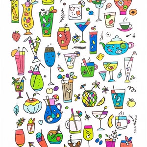 May include: Colorful illustration of various cocktails and beverages. The image features a variety of drinks in different glasses, including martinis, highballs, and teacups, each adorned with fruit, garnishes, and straws. The style is whimsical and hand-drawn, with bright colors.