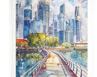 Singapore Cityscape Tea Towel – Watercolour Skyline Kitchen Décor, Travel Gift, Singapore Souvenir