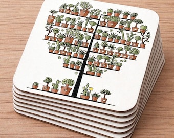 Cactus Tree Drink Coasters, Square, Cork Backed, 9.5 x 9.5 cm, Set of 4