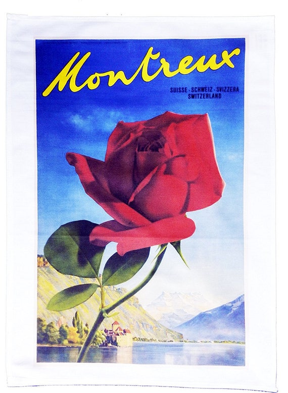 Red Rose of Montreux - Retro Style Travel Poster Large Cotton Tea Towel
