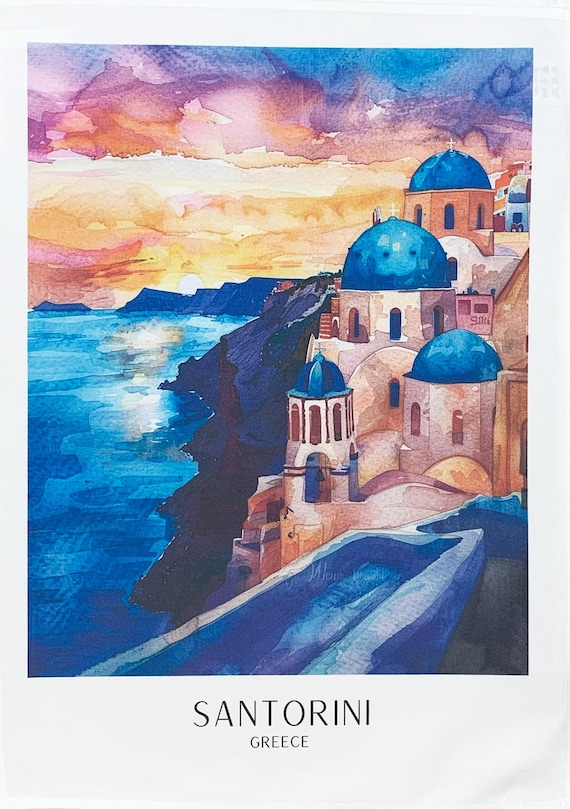 The view from Santorini large cotton tea towel