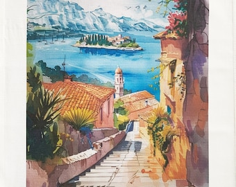 Corfu coast large cotton tea towel