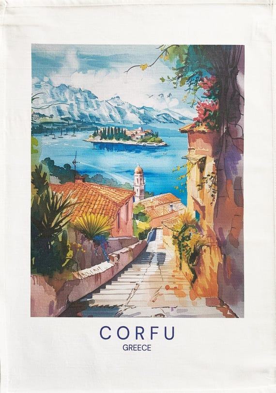 Corfu coast large cotton tea towel