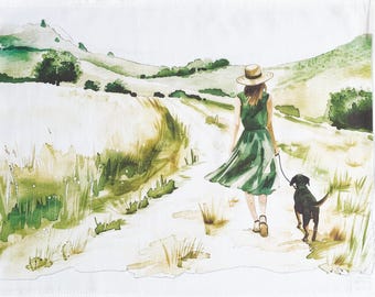 A girl and her dog on a countryside walk large cotton tea towel