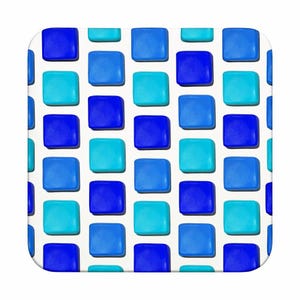 May include: A square coaster featuring a repeating grid pattern of rounded squares in alternating shades of royal blue and bright cyan against a solid white background. The design creates a clean, geometric look with consistent spacing.
