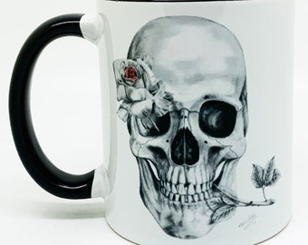 Hand Drawn Skull Under The Rose Mug with Glazed Black Handle and Inner