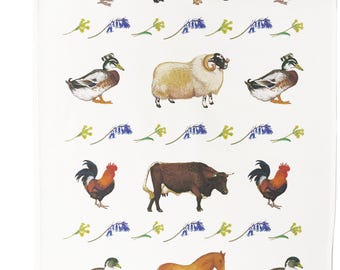 Farm Animals Tea Towel, British Countryside Kitchen Decor
