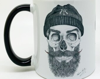 The Hand Drawn Hipster Mug with Glazed Black Handle and Inner