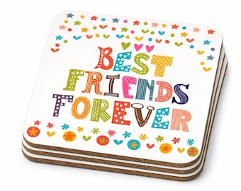 Best Friends Forever Drink Coasters, Square, Cork Backed, 9.5 x 9.5 Centimetres, Set of 4