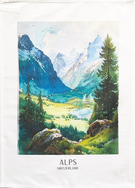View of the Swiss Alps large cotton tea towel