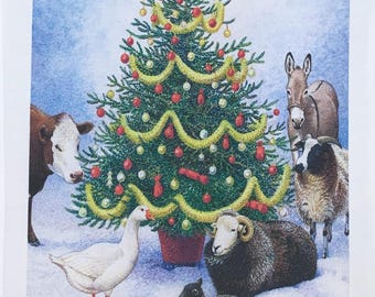 The Christmas Tree with the animals large cotton tea towel
