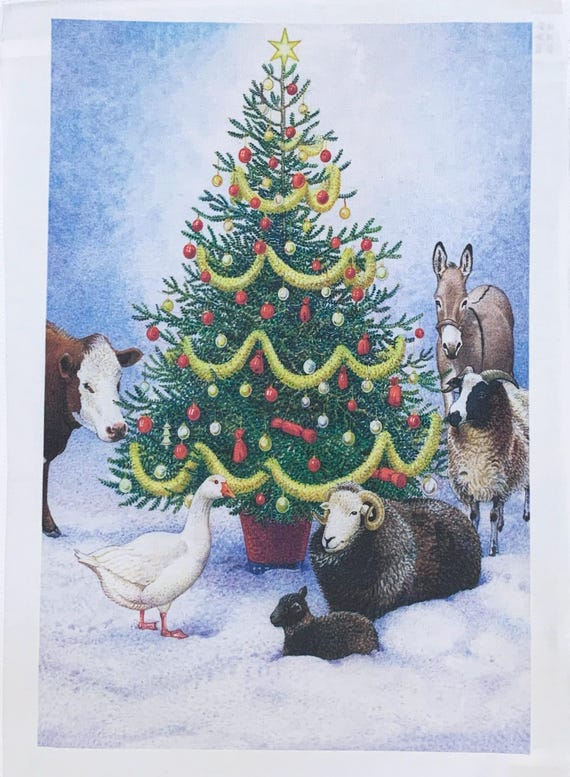 The Christmas Tree with the animals large cotton tea towel