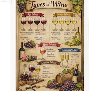 May include: A decorative poster illustrating different types of wine, such as red, white, rosé, sparkling, and dessert wines. The poster includes images of wine glasses, bottles, and grapes, with descriptions of each wine's characteristics.