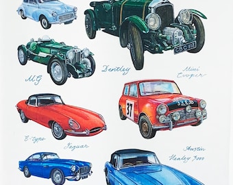 Classic Cars Large Cotton Tea Towel