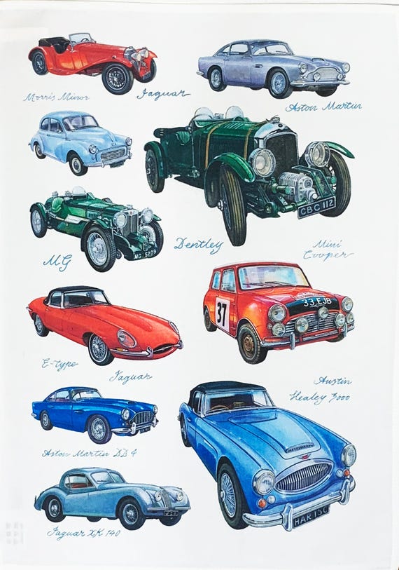 Classic Cars Large Cotton Tea Towel