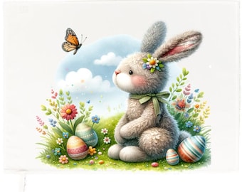 Sitting Easter Bunny Cotton Tea Towel, White, 65 x 47 cm