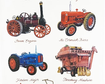 Hand Drawn Tractors Collection Large Cotton Tea Towel