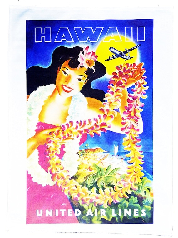 Hawaii - Retro Style Travel Poster Large Cotton Tea Towel