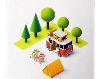 Camper Van and Tent Design Cotton Tea Towel