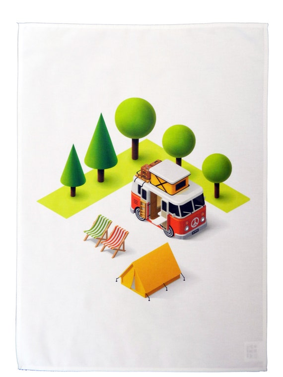 Camper Van and Tent Design Cotton Tea Towel