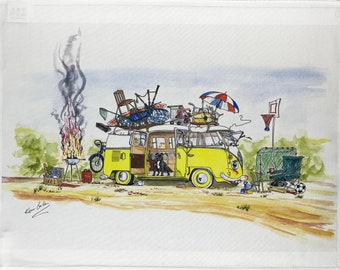 Hand Drawn Camper Van Capers Large Cotton Tea Towel