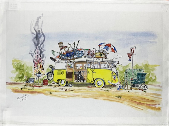 Hand Drawn Camper Van Capers Large Cotton Tea Towel