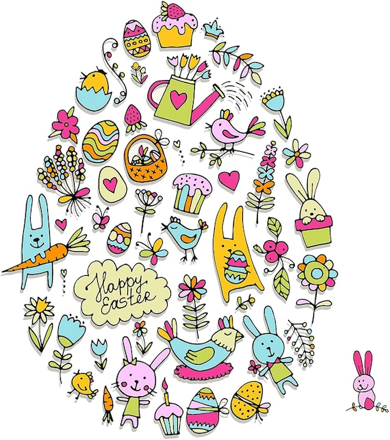 Colourful Happy Easter Egg Design Large Cotton Tea Towel