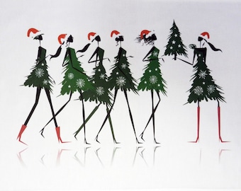 Here Come the Girls Festive Christmas Tree Design Large Christmas Tea Towel