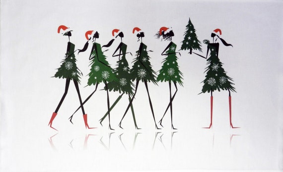 Here Come the Girls Festive Christmas Tree Design Large Christmas Tea Towel
