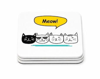 Meow Cat Drink Coasters, Set of 4, Cork Backed, Square, Cute Cat Design