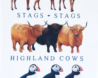 Scottish Iconic Animals large cotton tea towel - Stags, Cows and Puffins