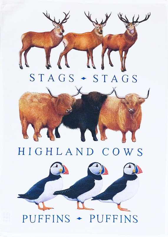 Scottish Iconic Animals large cotton tea towel - Stags, Cows and Puffins