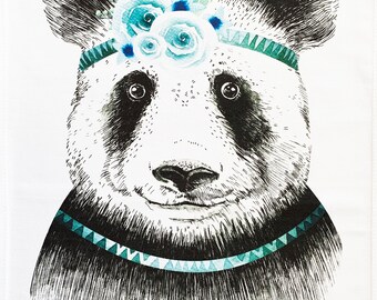 The Glamourous hand drawn Panda - Large Cotton Tea Towel
