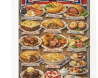 Traditional British Foods Cotton Tea Towel – Illustrated UK Classics Kitchen Linen