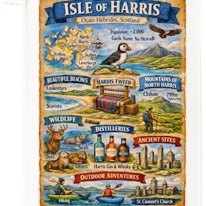 May include: A decorative Isle of Harris map featuring illustrations of local wildlife, distilleries, and outdoor activities. The map includes text such as "Beautiful Beaches," "Harris Tweed," and "Mountains of North Harris." The highest peak is 799m.