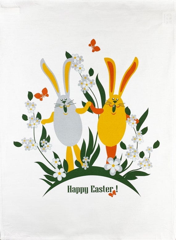 Happy Easter from The Easter Bunnies large cotton tea towel